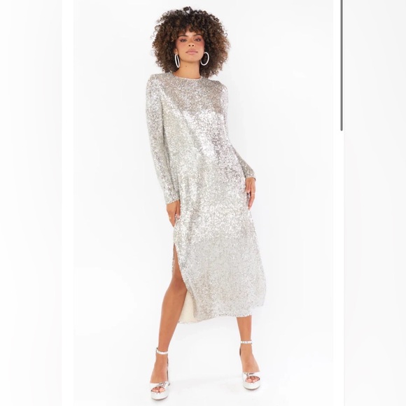 Show Me Your MuMu Dresses & Skirts - Show Me Your MuMu Silver Sequin Long Sleeve Dress